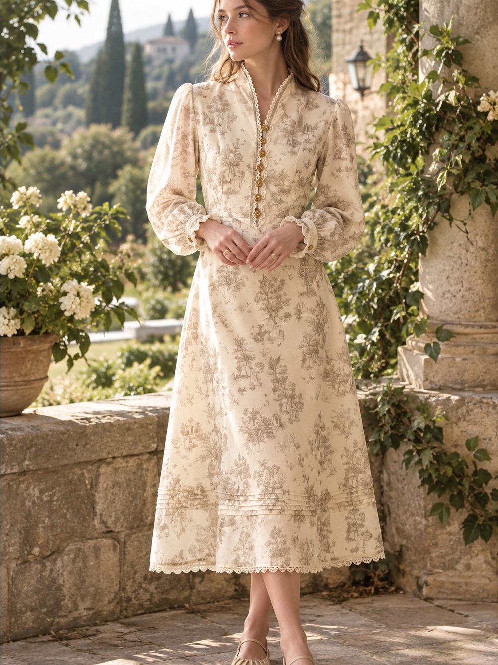 Simple Retro Lyric Toile Cottagecore Edwardian midi Dress size XS French English